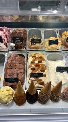 a display case filled with lots of different types of ice creams and desserts