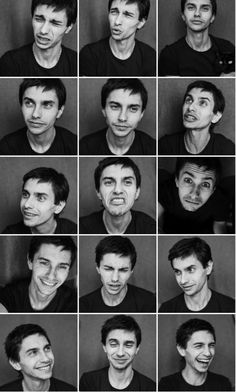 the many faces of a man with different facial expressions and haircuts, all in black and white