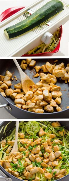 the process of making stir fry with chicken and zucchini in a skillet