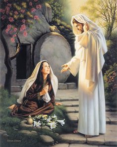 a painting of jesus pointing at a woman kneeling on the ground with flowers in front of her