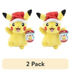 two pokemon stuffed animals with santa hats on their heads, one is yellow and the other is red