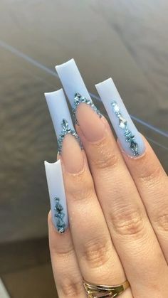 Blue Nails For Quince, Blue Nails Long Coffin, Long Baby Blue Nails, Nails For Quince, Boujie Nails, Blinged Out Nails, Baby Blue Acrylic Nails, Xxl Nails, Quinceanera Nails