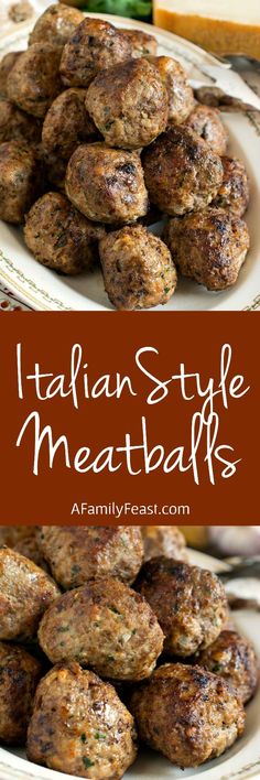 italian style meatballs on a white plate with cheese and bread in the background text overlay reads, italian style meatballs