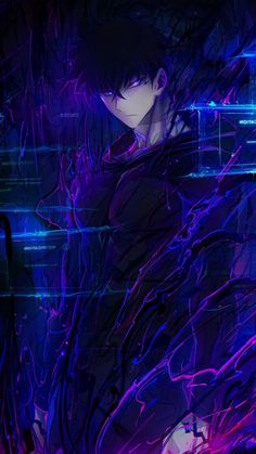 an anime character is standing in front of blue and purple lights with his arms crossed