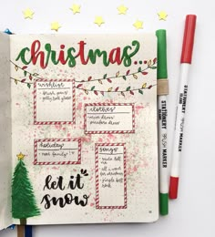 a christmas planner with the words let it snow written in red and green on top