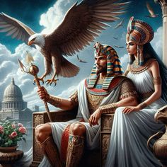 an egyptian man and woman sitting in front of a falcon