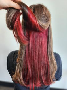 cool summer hair color red Peekaboo Hair Color Red And Blonde, Cherry Red Hair Underneath, Blonde Hair With Red Peekaboos, Red Underdye Hair Blonde, Brown Hair Red Underneath, Red Under Hair, Red Undertone Hair