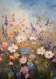 an oil painting of colorful flowers in a field