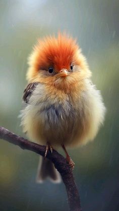 a small bird with orange feathers sitting on a tree branch in the rain and looking at the camera