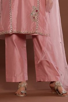 Buy Pink Chanderi Embroidered Zardosi Round Resham Kurta Pant Set For Women by Palak Khandelwal Online at Aza Fashions. Designer Chanderi Sets In Pink, Pink Chanderi Designer Sets, Pink Chanderi Sets For Designer Wear, Designer Pink Kurta With Mirror Work, Pink Mirror Work Kurta For Designer Wear, Designer Wear Unstitched Suit With Gota Work, Pink Straight Kurta Set With Dori Work, Traditional Wear With Gota Work For Designer Occasions, Pink Tissue Silk Sets With Gota Work