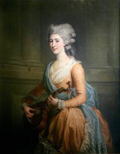 an old painting of a woman holding a guitar