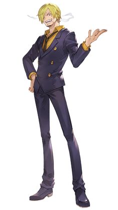 an anime character with blonde hair wearing a purple suit and yellow tie, holding his hands out