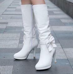 White Stiletto Heels, White Stilettos, Bow High Heels, Leather High Heel Boots, Pu Boots, Boots Woman, Spring Boots, Fashion White, Boots Women Fashion