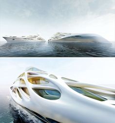 two pictures of a large white boat in the ocean