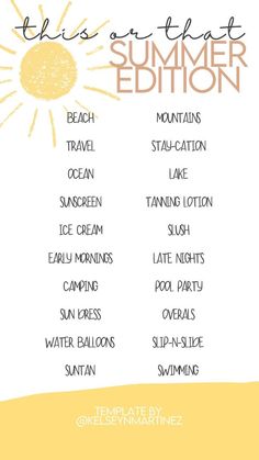 the ultimate summer vacation checklist is shown in yellow and white with an orange sun above it