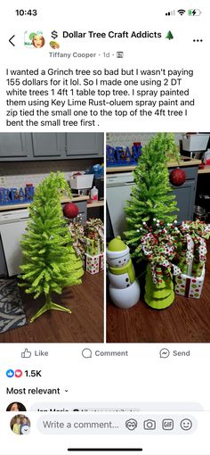 two photos of christmas trees in pots on the counter and one is showing them being decorated