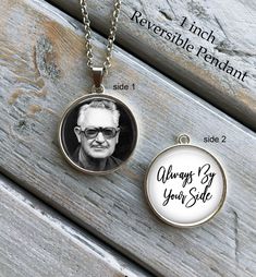 two personalized necklaces with the same photo on one side and an actual photo on the other