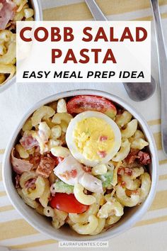 Bowl of pasta salad with hard boiled egg, tomatoes, bacon, ham, and shredded cheese. Meal Prep List, Pasta Salad With Bacon, The Best Pasta Salad, Salad For Summer, Classic Cobb Salad, Pasta Easy, Healthy Pasta Salad, Weekly Meal Prep