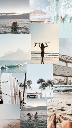 a collage of photos with people and surfboards