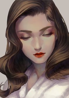 a digital painting of a woman's face with long brown hair and red lipstick