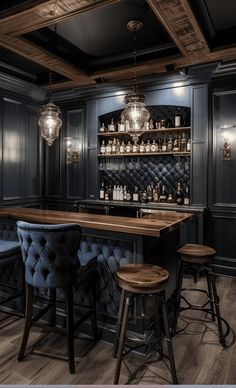 a bar with stools and bottles on the shelves