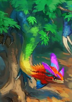 a colorful dragon sitting on top of a tree