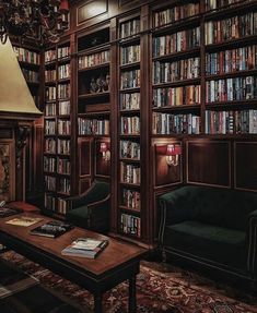 a living room filled with lots of books on top of a book shelf next to a lamp