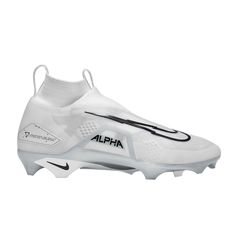 the nike vapor soccer shoe is white with black and silver lettering on the upper part