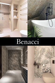 three different bathroom designs with the words benaci above them