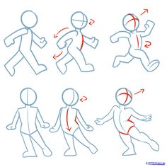 the steps to draw a cartoon man with different poses and body shapes for each character