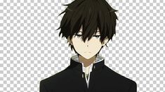 an anime character with black hair, wearing a black jacket and white collared shirt