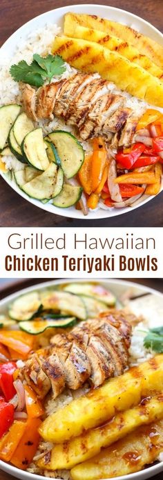 grilled hawaiian chicken teriyaki bowls with vegetables and rice