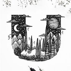 an ink drawing of trees and mountains with the moon in the sky above them, surrounded by flowers