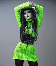 Emo Dress, Neon Goth, Plus Size Gothic, Plus Size Goth, Rave Girl, Emo Dresses, Green Fits, Crochet Fashion Patterns