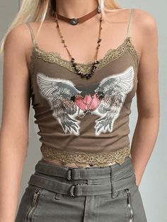 Lace Paneled Winged Heart Crop Cami Top - AnotherChill Y2k Cami Top, Y2k Cami, Generation Z, Lace Cami Top, Retro Tops, Lace Camisole, Lace Patchwork, Whimsical Fashion, Cropped Cami