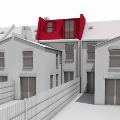 a house with a red roof is shown in the middle of an animated scene that appears to be real