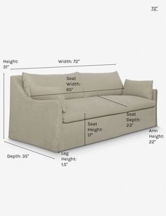 an image of a couch with measurements for the seat and back cushions, including height