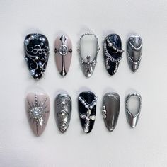 custom nails,long nails ,short nails ,long Coffin Nails,short Coffin Nails,long almond nails,short almond nails,Spring Nails,summer Nails,fall nails,fake nails,presson nails,kawaii nails,gyaru nails,glue on nails,false nails,cute nails,christmas nails,chrome nails,Stiletto Nail,Princess nails,Fairy Nails, Elegant nails,Trendy nails 🌸About the product  1.Each set include 10 nails of 100% handmade  2. Cuticle stick 3. Nail file 4. Jelly glue set 5. Packaging storage box 🌸Material: Acrylic 🌸How to measure the size？ 1. Measure the bare nails without nail polish 2. Use a tape measure to measure the widest part of the nail 3. Align the scale to the left edge of the nail, close to the curvature of the nail arc 4. Align the scale to the right edge of the nail, close to the curvature of the nail Black Nails Metallic, Gothic Nail Art Dark Short, Silver Cross Nails, Cross Nails Short, Short Almond Nails Halloween, Emo Nail Designs, Almond Nails Halloween, Short Gothic Nails