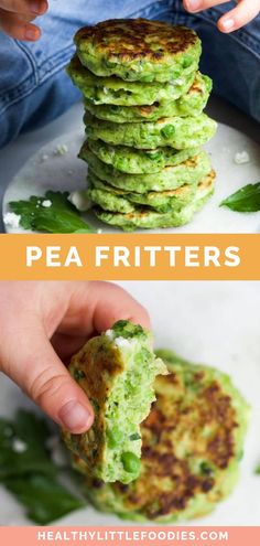 pea fritters stacked on top of each other with the text overlay that reads pea fritters