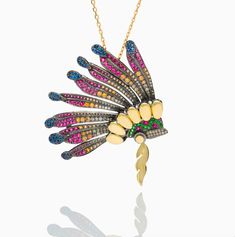 War Bonnet Necklace - #sorrelsky #sorrelskygallery #fineart #instaart #artgallery #southwestart #westernart #santafeart #durangoart #durangoco #durangocolorado #santafenm #art #artcollector #artcollectors #artoftheday #westernlife #pride #warbonnet #naylashami #18Kgold #SterlingSilver #Sapphires #Rubies,  #Tsavorites #Diamonds The Happening, Jewelry Care Instructions, Orange Sapphire, Champagne Diamond, Black Rhodium