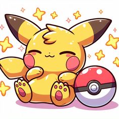 a pokemon pikachu sitting next to a ball