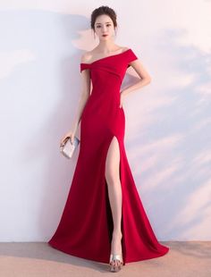 Burgundy Evening Dresses Off The Shoulder Formal Dress Sexy High Split Elastic Silk Like Satin Party Dress wedding guest dress Off The Shoulder Formal Dress, Burgundy Evening Dresses, Satin Party Dress, Burgundy Evening Dress, Party Dress Wedding, Dresses Off The Shoulder, Color Borgoña, Dress Asymmetrical, Dress Wedding Guest