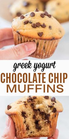 two photos with the words greek yogurt chocolate chip muffins on them