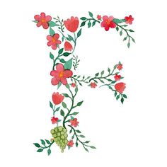 the letter f is decorated with flowers and leaves