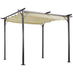 an outdoor gazebo that is made out of metal and canvas with a beige canopy