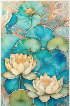 a painting with water lilies and leaves on it