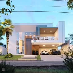 a car is parked in front of a modern house