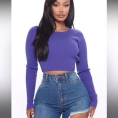 Nwt Fashion Nova Sweater Top Cropped Sweater Top Scoop Neck Purple Long Sleeve Open Back With Tie Detail Ribbed Stretch Size Large Black Cropped Sweater, White Long Sleeve Bodysuit, Ibiza Outfits, Plaid Crop Top, Fashion Nova Outfits, Swag Outfits For Girls, Scoop Neck Long Sleeve, Fashion Nova Tops, Streetwear Fashion Women