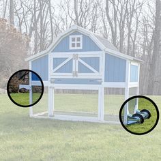 the chicken coop has two doors and is blue with white trim