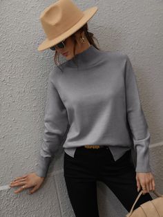 Gray Gray Stretch Turtleneck Sweater, Gray Knitted Turtleneck Top, Gray Top For Fall, Trendy Gray Knitted Sweater, Casual Gray Turtleneck Sweater, Trendy Knitted Gray Sweater, Gray Stretch Sweater For Layering, Gray Turtleneck Top For Winter, Trendy Gray Sweater For Fall